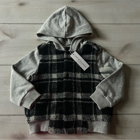 NWT Janie and Jack Black and Gray Fleece Checkered Sweatshirt Snap Front Jacket - Picture 1 of 5